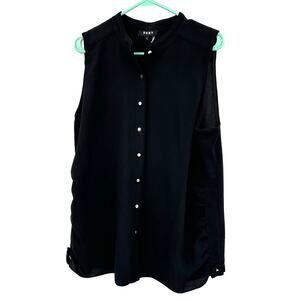 DKNY Size 14 Blouse Black Button Up Sleeveless Ruched Side Basic Workwear Casual